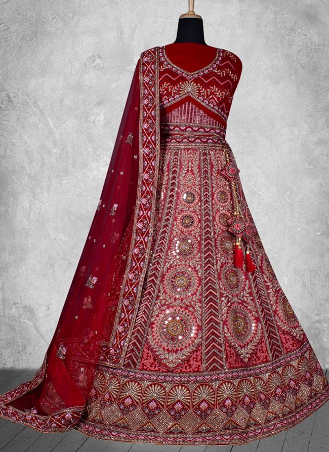 Velvet Red Bridal Wear Embroidery Work Lehenga Choli